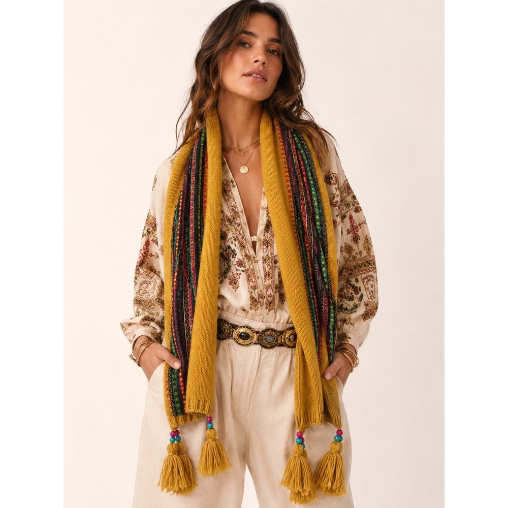 Mustard‎ Knit Aztec Tribal Stripe Scarf Beaded Tassel Boho Maximalist OS